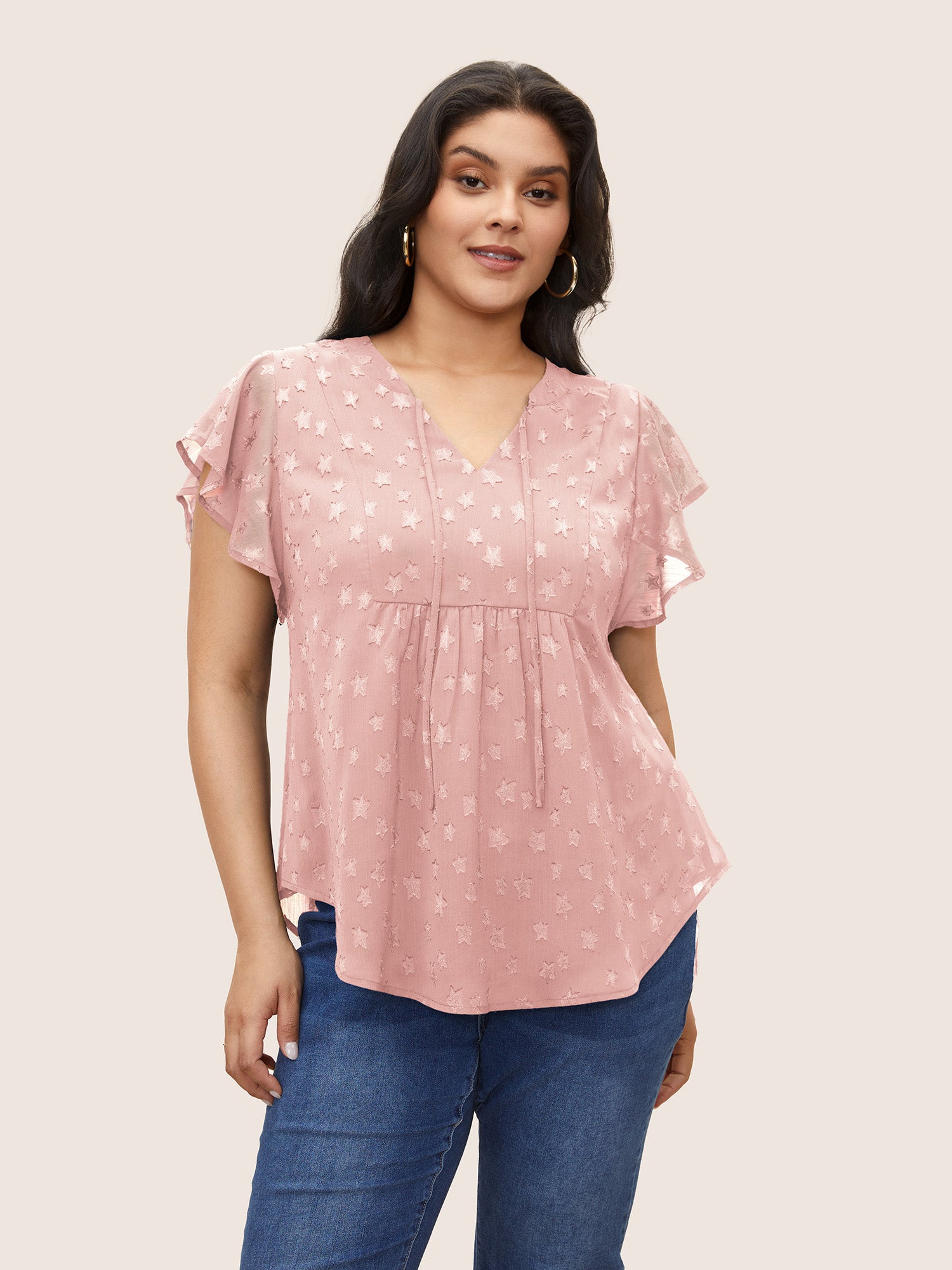 Star Mesh Gathered Ruffle Sleeve Blouse