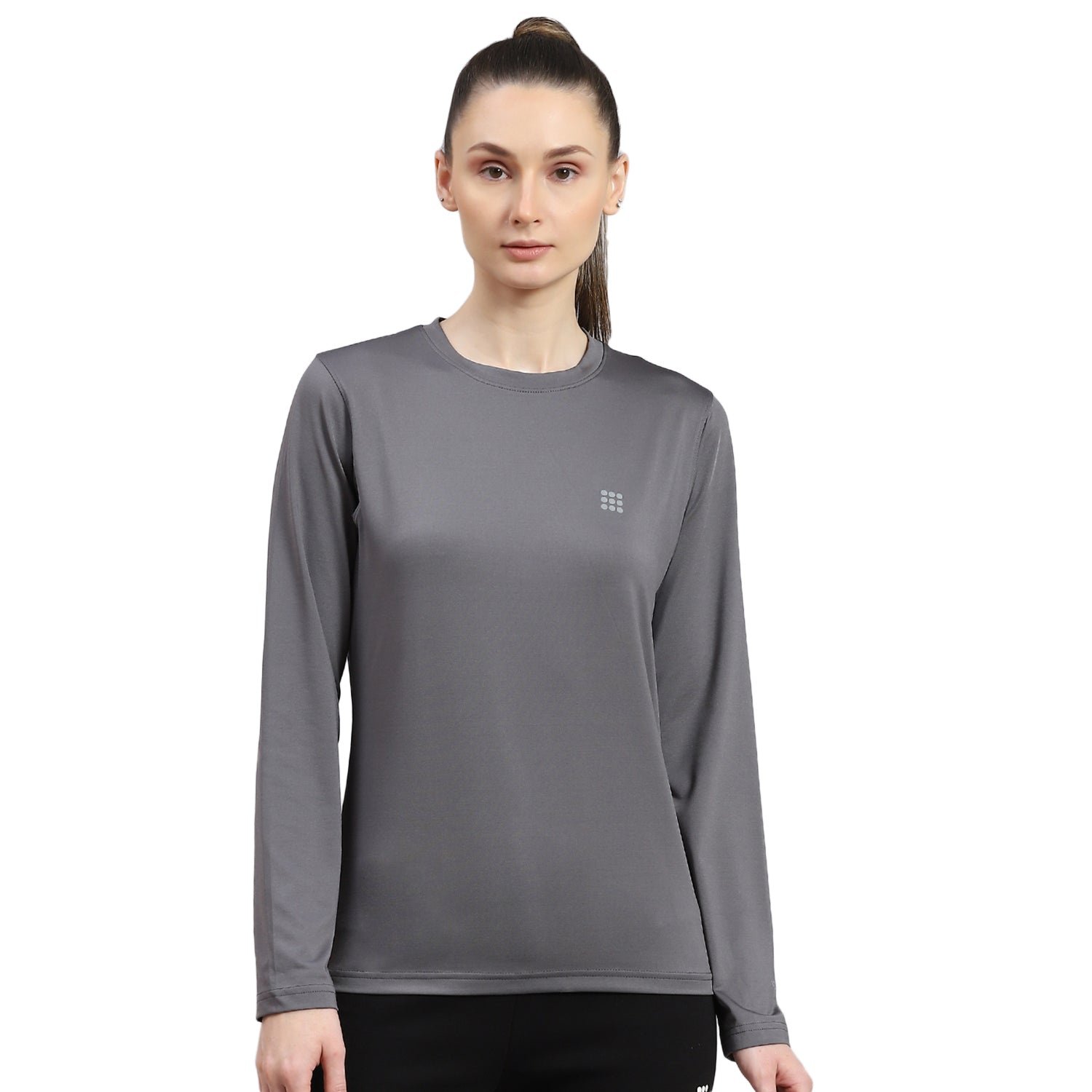 Women Grey Solid Round Neck Full Sleeve Top