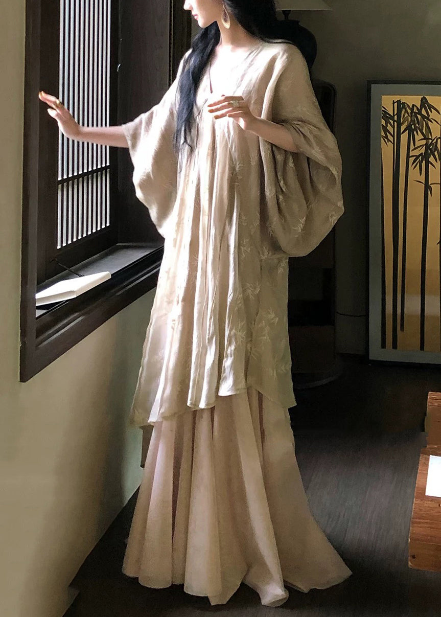 Loose V Neck Tulle Patchwork Cotton Robe Dresses Batwing Sleeve