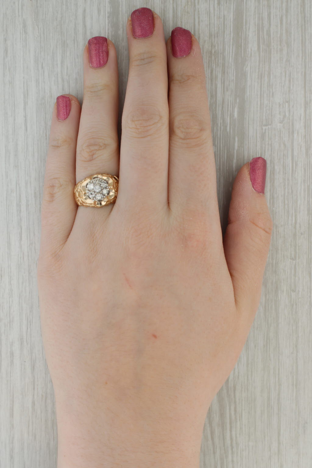 0.72ctw Diamond Cluster Nugget Ring 14k Yellow Gold Belcher Setting Size 8