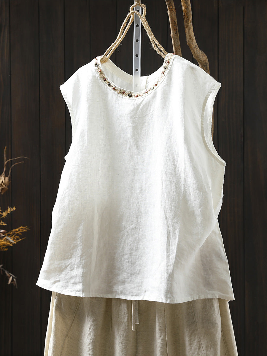 Women Summer Artsy Pure Color 100%Linen Spliced O-Neck Shirt