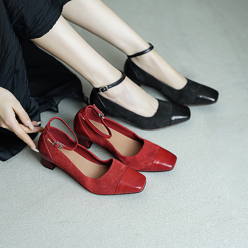 Elegant Washed Horsehide 45mm Block Heel Suede Mary Jane Shoes in Black/Red
