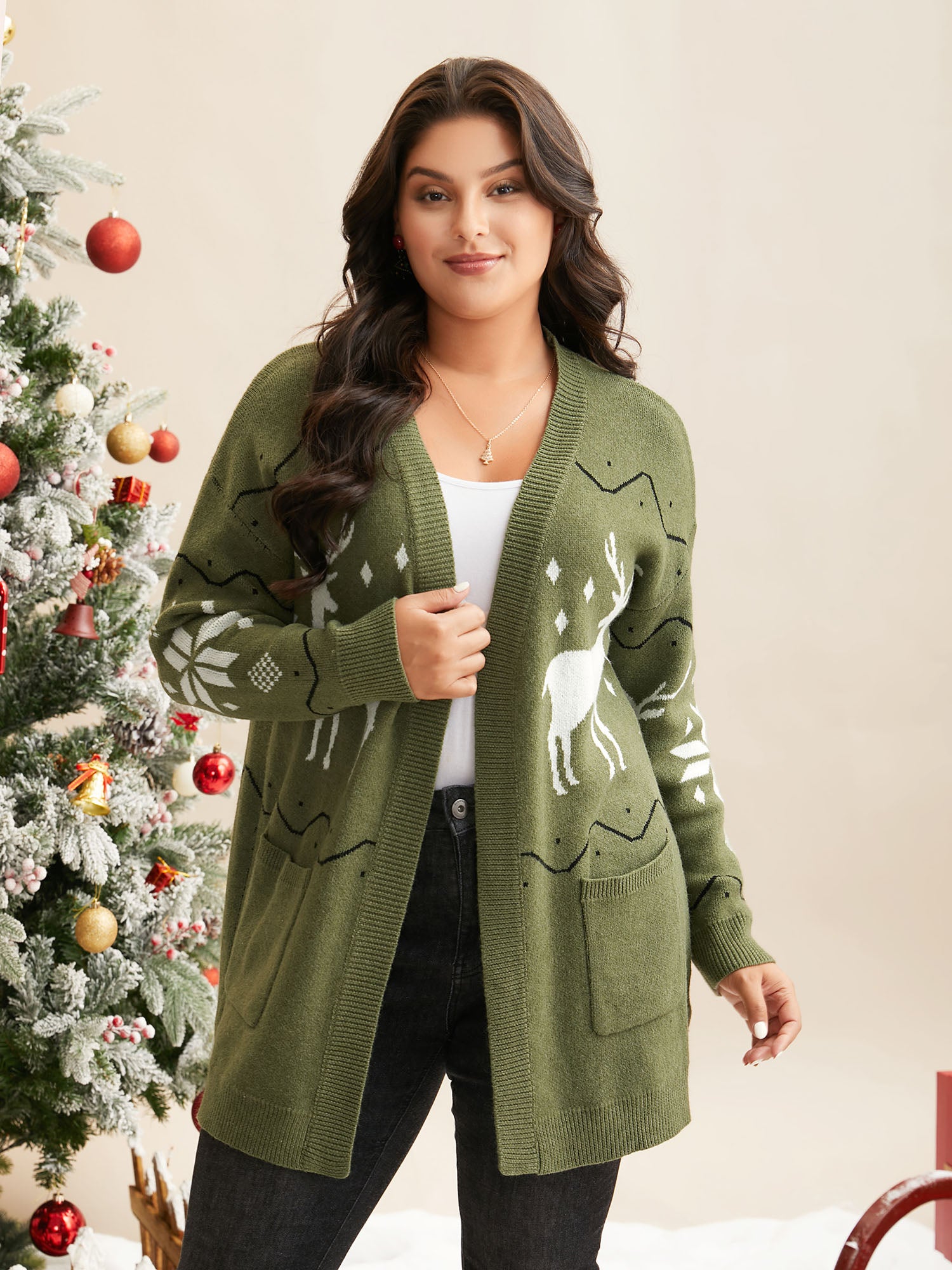 Supersoft Essentials Reindeer Pattern V-neck Long Cardigan