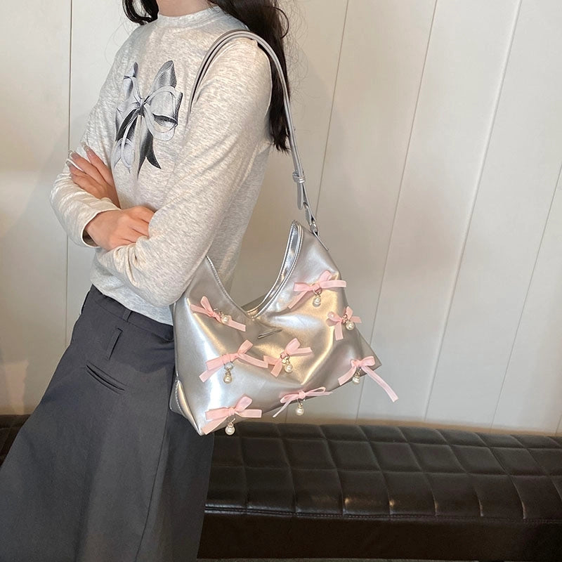 Women's Medium Pu Leather Bow Knot Elegant Square Zipper Tote Bag