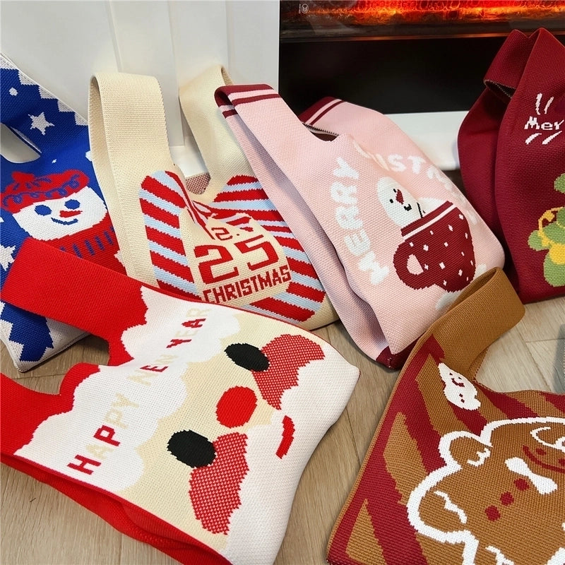 Christmas Women's Small Knit Christmas Tree Santa Claus Cute Square Open Handbag
