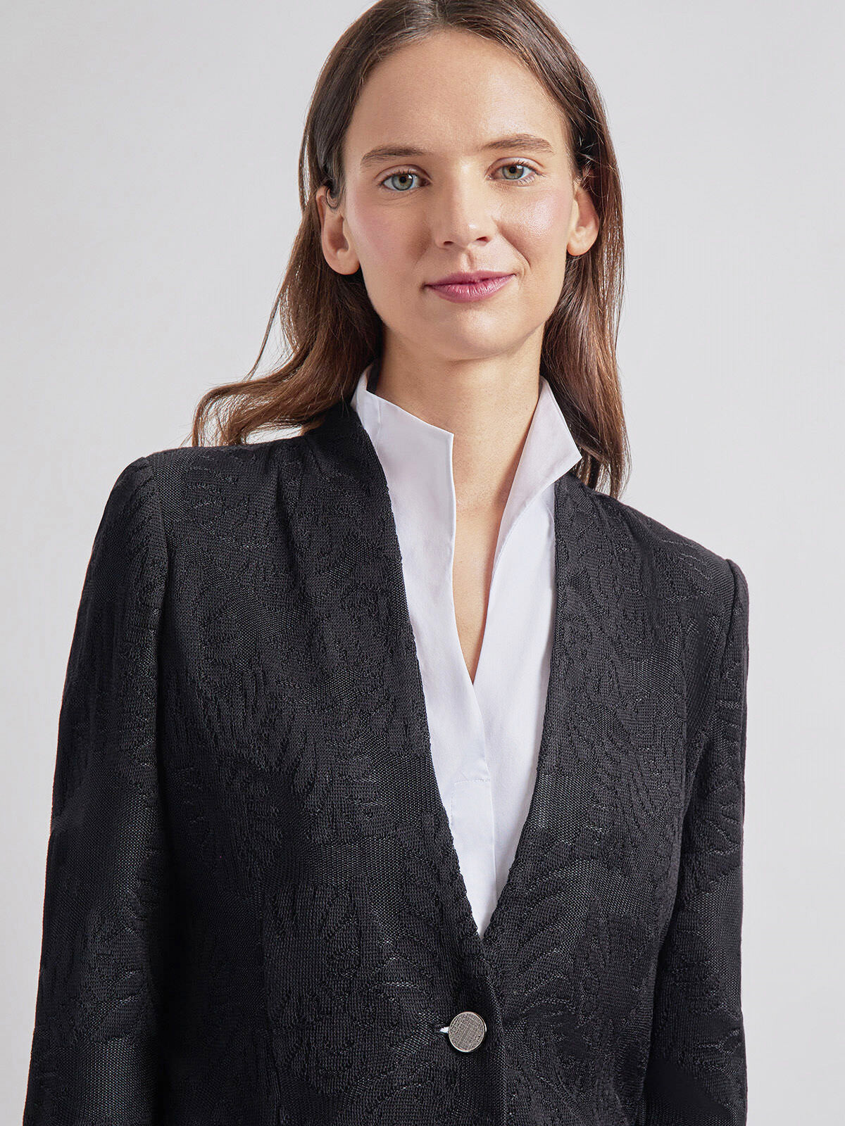 Tailored Fit One-Button Jacquard Knit Jacket