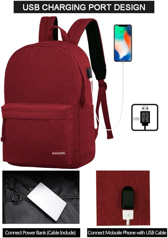 SUPACOOL Casual Laptop Backpack for Men and Women, School Backpack for Boys and Girls, College Bookbag, USB Charging Port, Lightweight Back Pack(Black)