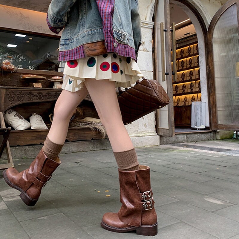 Vintage Western Boots Women's Mid Calf British Style Short Boots In Black/Brown