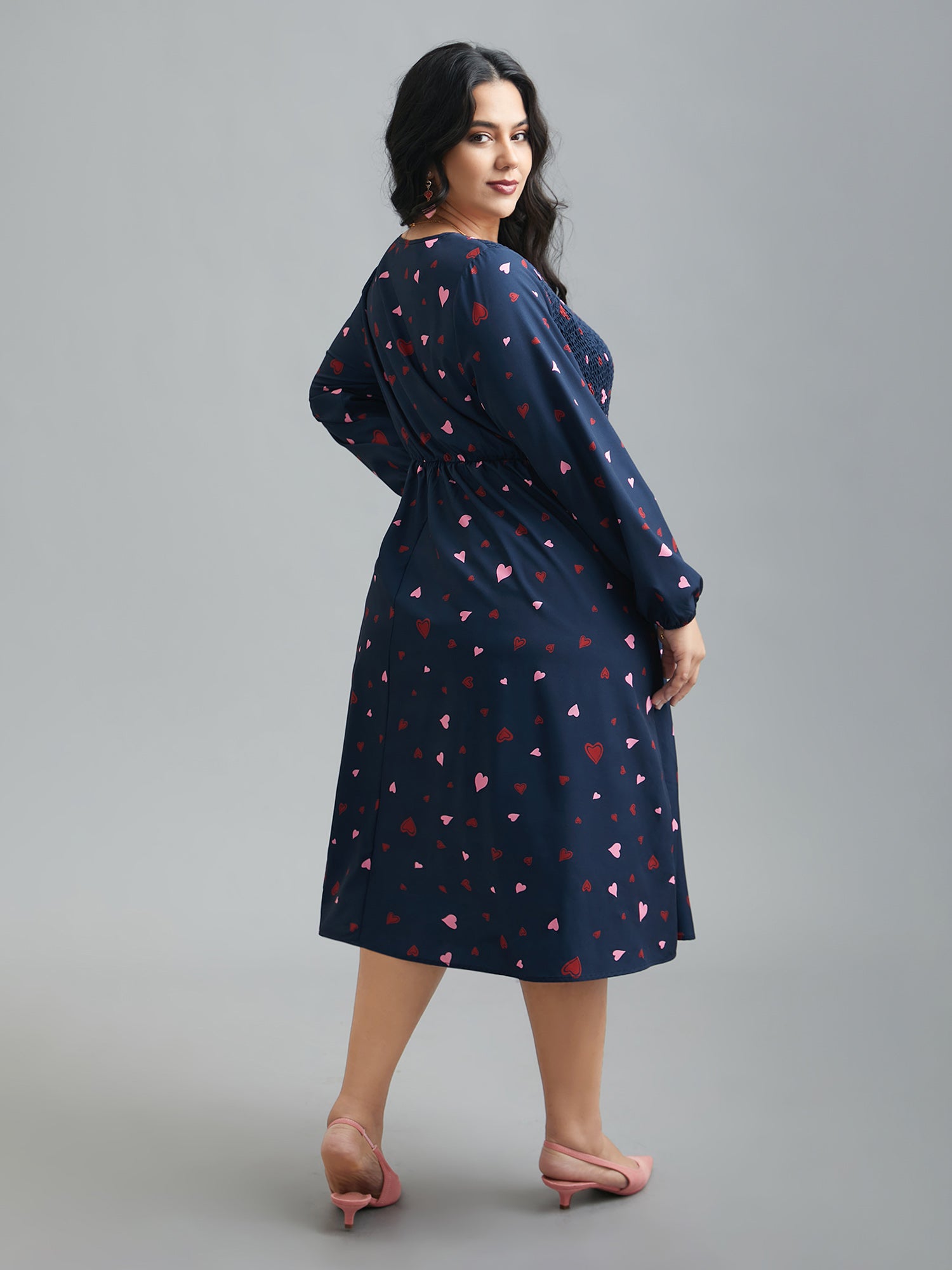 Square Neck Shirred Hearts Midi Dress