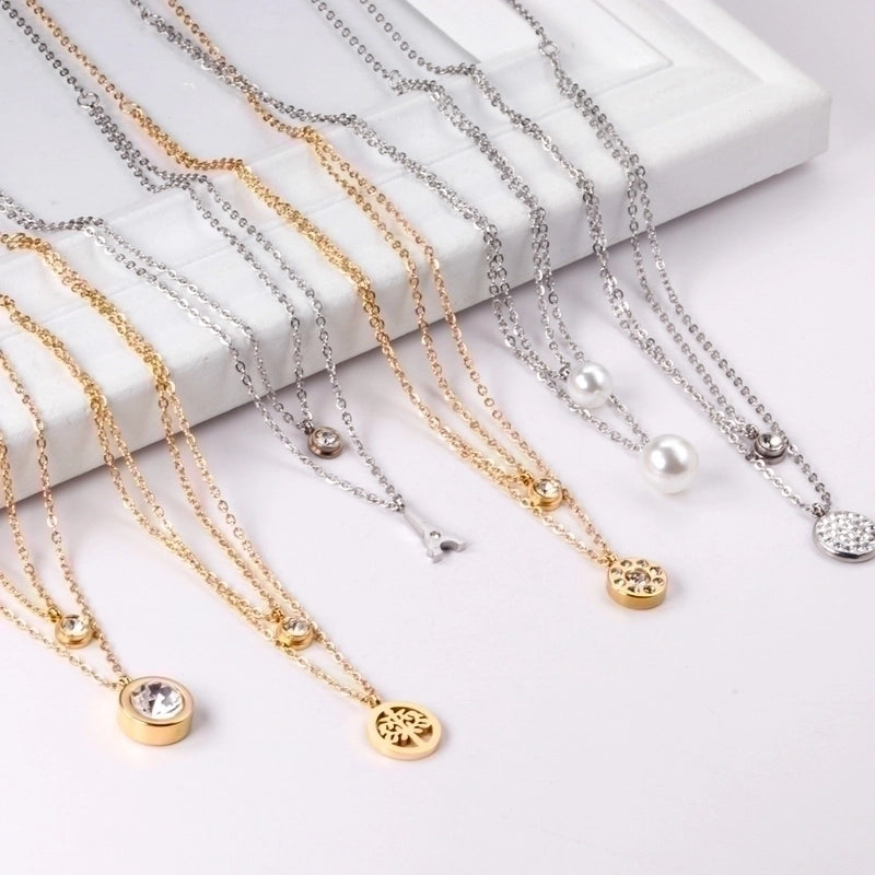 Modern Style Cross Four Leaf Clover Flower Stainless Steel Rhinestones Layered Necklaces