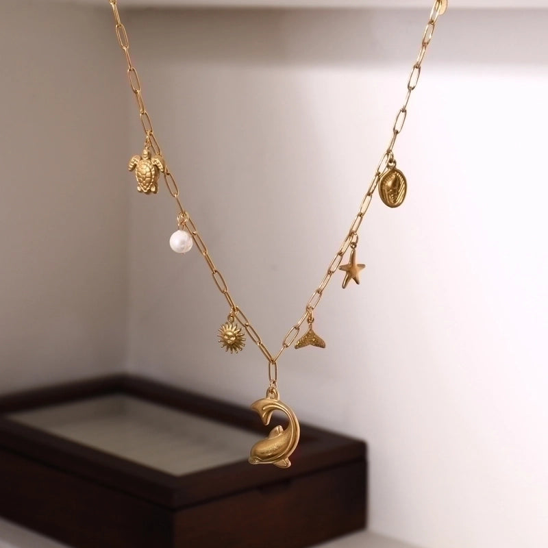 Marine Style Minimalist Starfish Dolphin Shell 201 Stainless Steel 304 Stainless Steel 18K Gold Plated Pendant Necklace