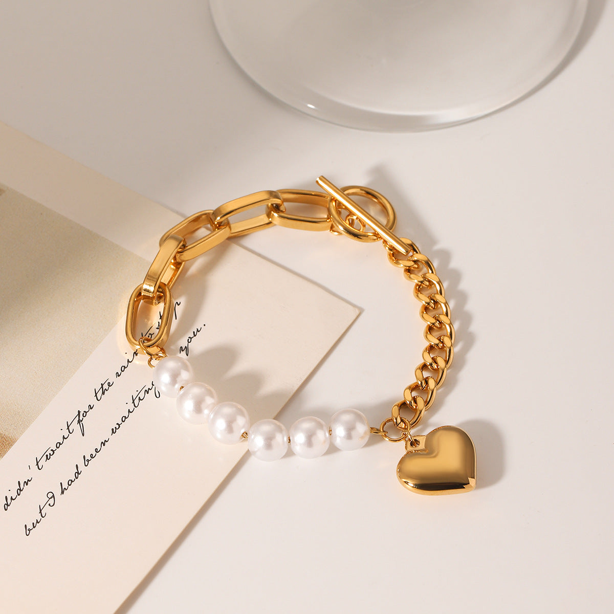 Ins Style Pearl Bracelet Female Stainless Steel Love Pendant Splicing Chain Ot Buckle Titanium Steel Jewelry