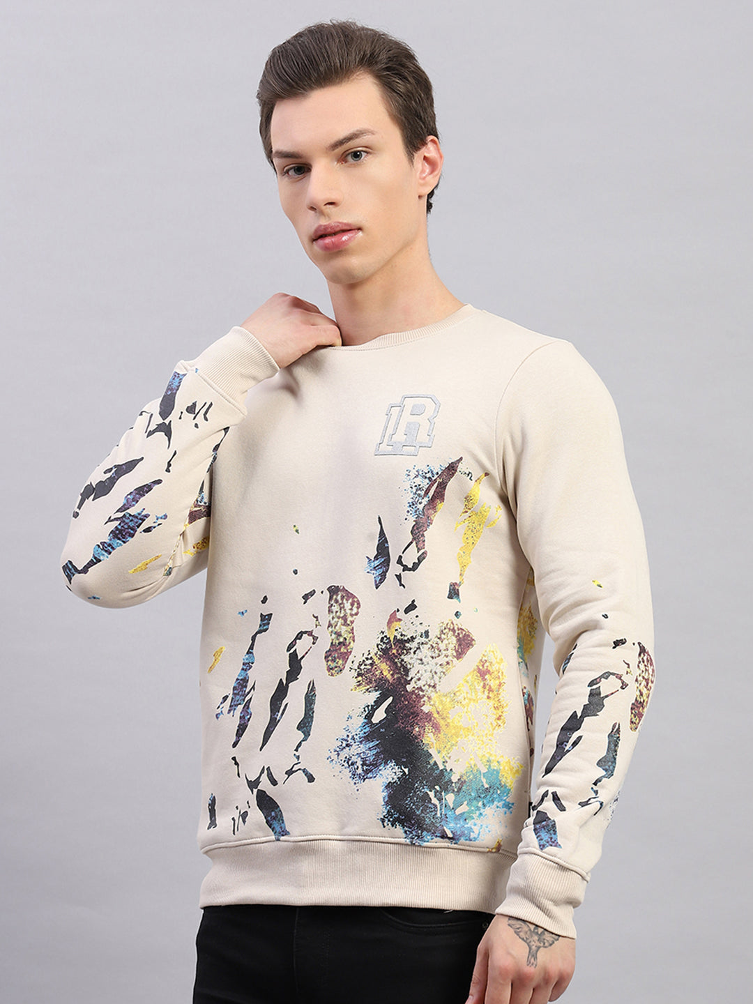 Men Beige Printed Round Neck Full Sleeve Sweatshirt