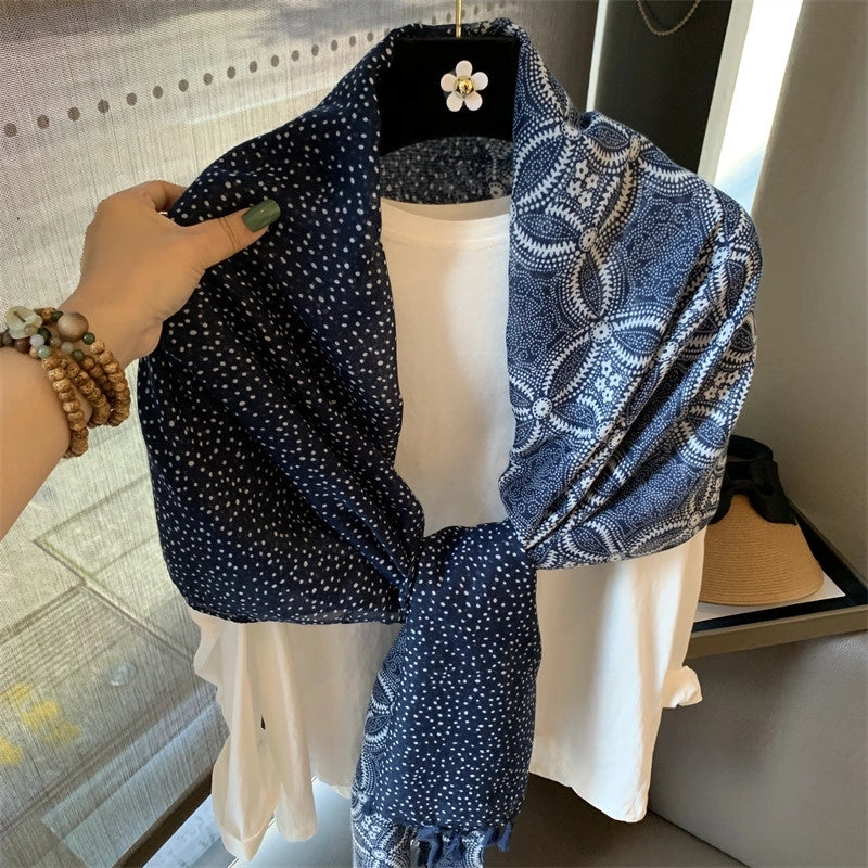 Women's Chinoiserie Retro Round Dots Polyester Printing Tassel Scarf