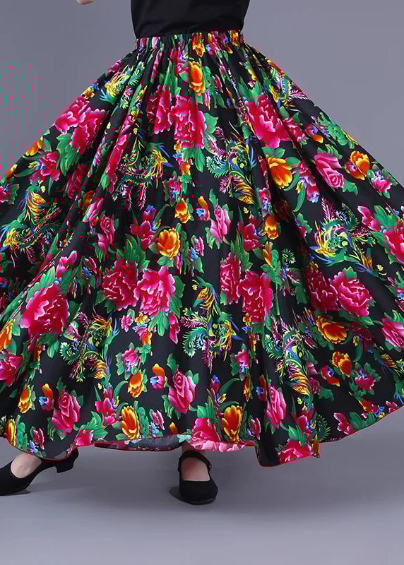 New Red Print Elastic Waist Chiffon Maxi Skirts Summer