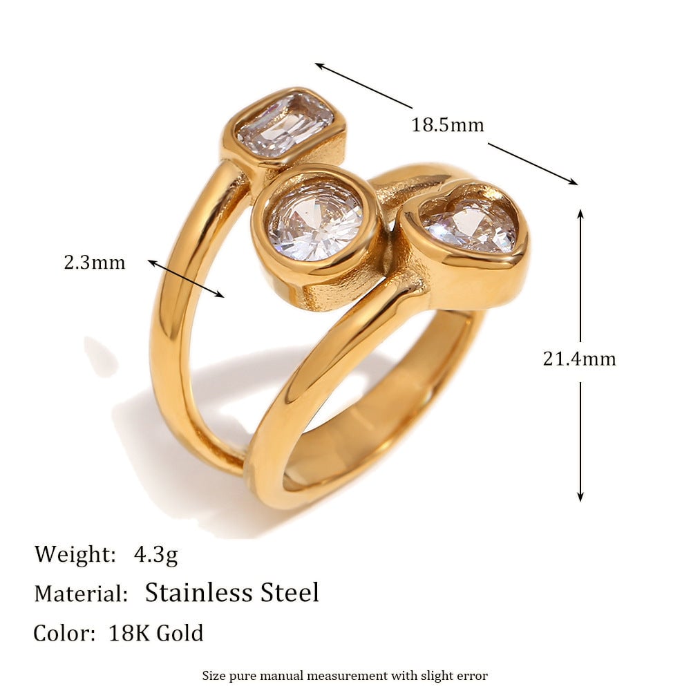 Fashion Personality Niche Design Hand Jewelry Stainless Steel Plated 18K Gold Multi-Layer Geometric Zircon Ring Female
