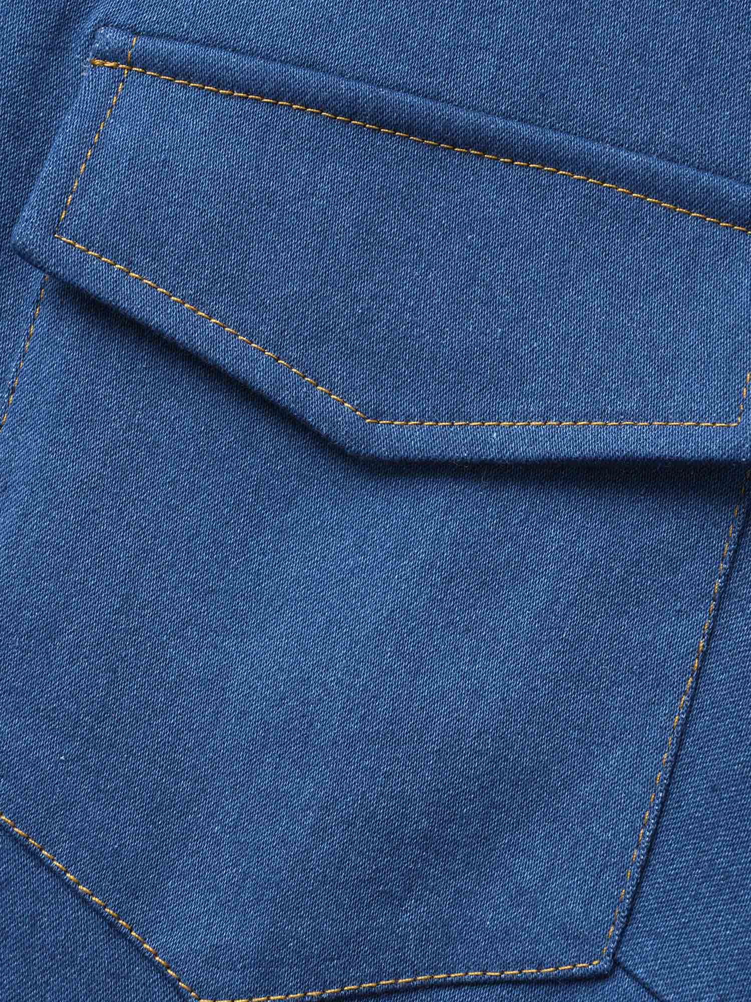 Stretch Denim Chest Flaps Waist Defining Midi Dress