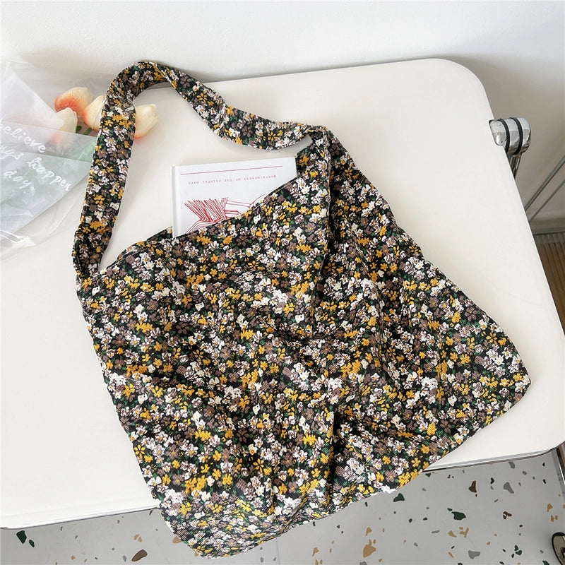 Women's Medium Canvas Flower Basic Classic Style Square Open Canvas Bag