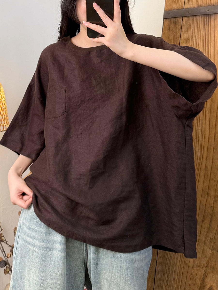 Women Summer Retro Pure Color O-Neck Linen Shirt