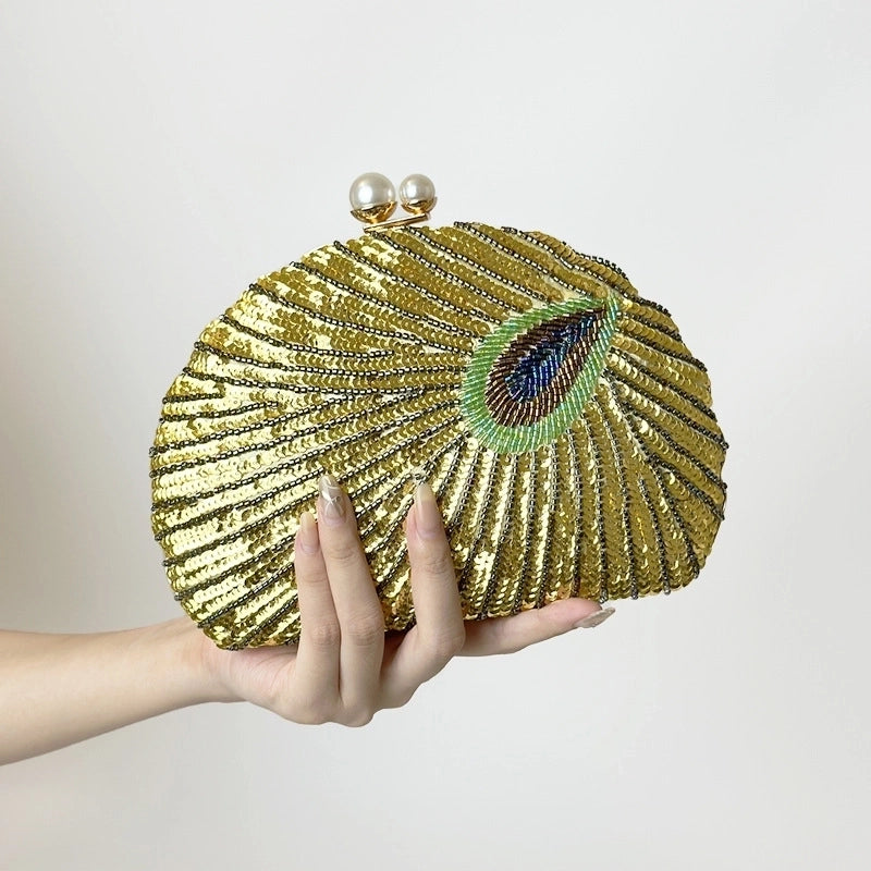 Blue Black Gold Metal Feather Beading Sequins Shell Evening Bags