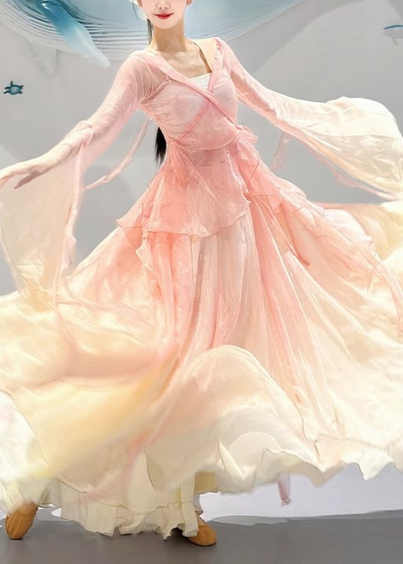 Gradient Color Pink V Neck Silk Top And Maxi Skirts Two Pieces Set Flare Sleeve