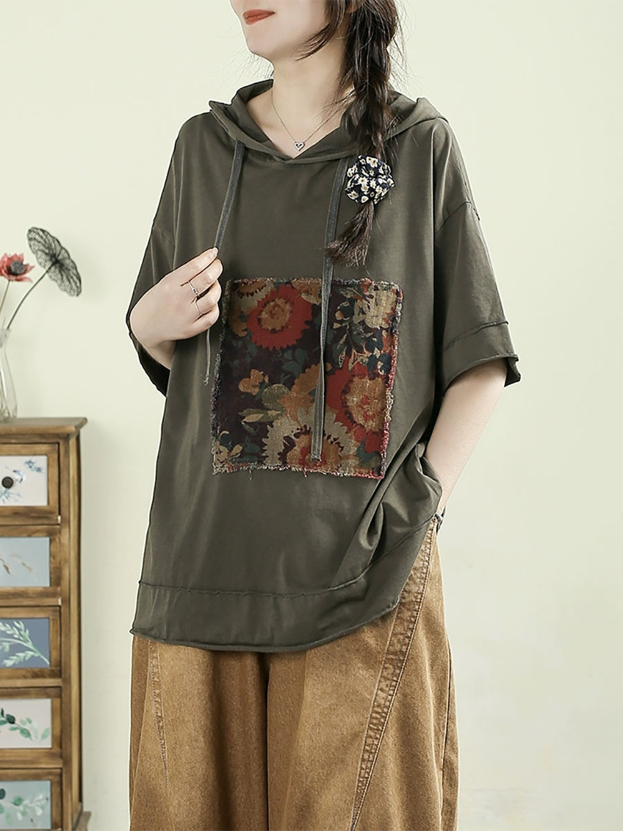 Women Summer Retro Flower Patch 100%Cotton Hooded Shirt