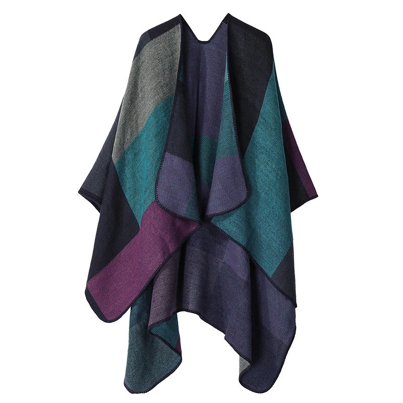 Winter Cashmere Double-sided Plaid Shawl Women's Outer Cape Increased Thickness Warm Knitted Scarf Spot