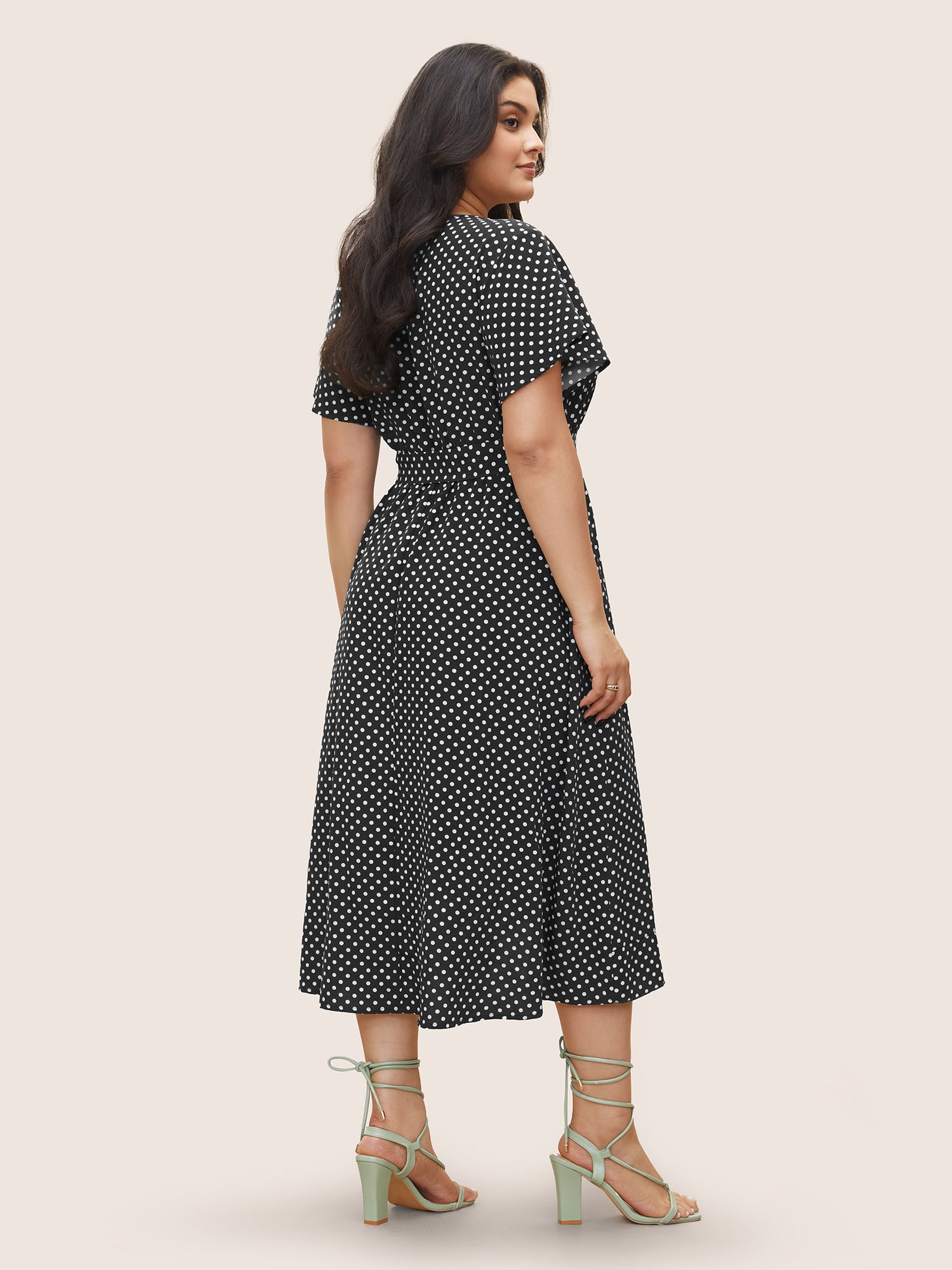 Polka Dot Flutter Trim Belted Overlap Collar Dress