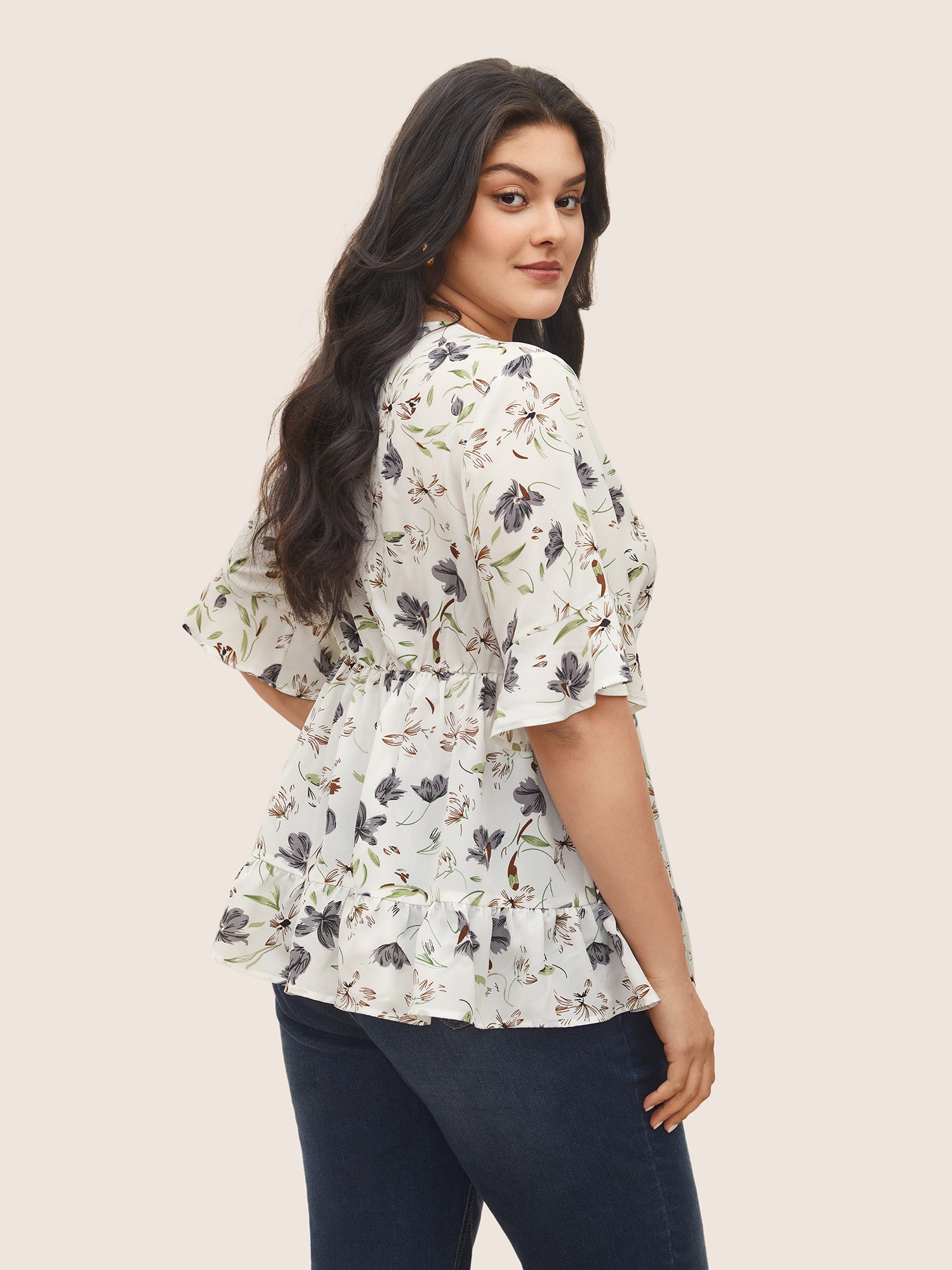 Floral Surplice Neck Ruffles Gathered Blouse