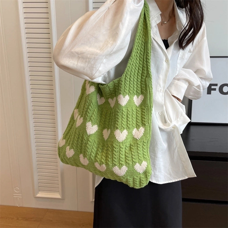 Women's Medium Knit Heart Shape Basic Classic Style Bucket Open Shoulder Bag