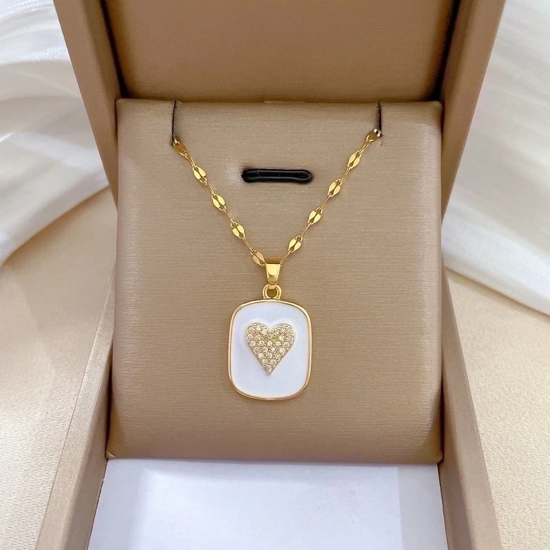 2 Pieces Minimalist Classic Style Geometric Heart Shape Titanium Steel Copper Zircon Pendant Necklace In Bulk