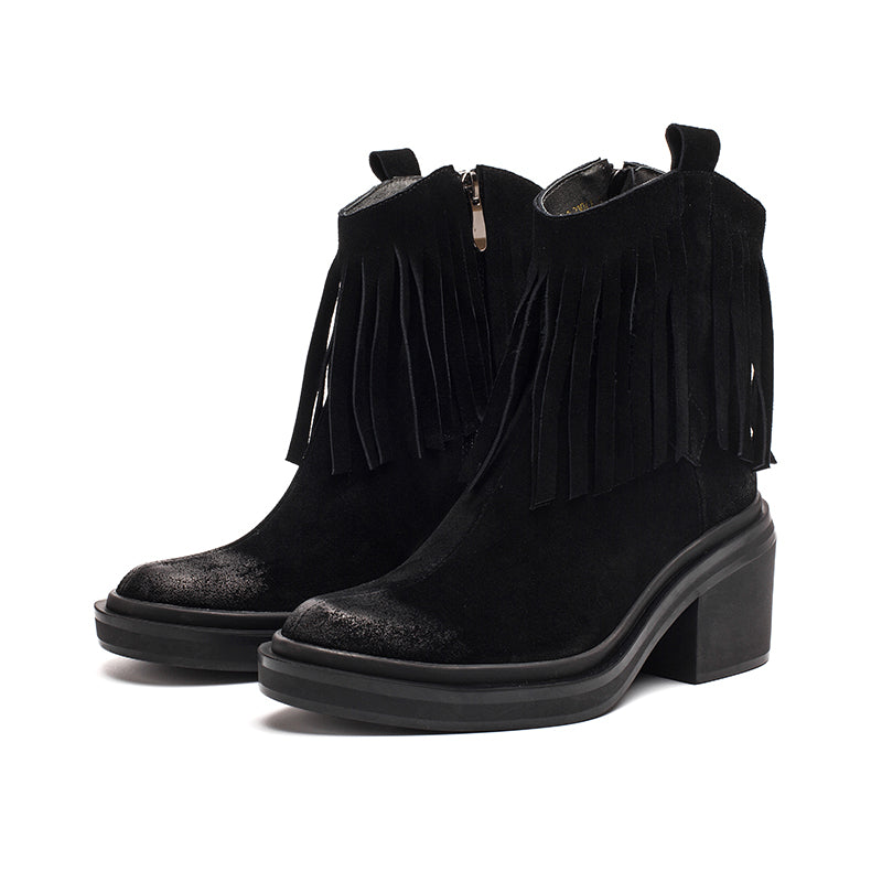 Western R Toe Cowgirl Boots With Tassels Handmade Suede Ankle Boots in Black/Brown