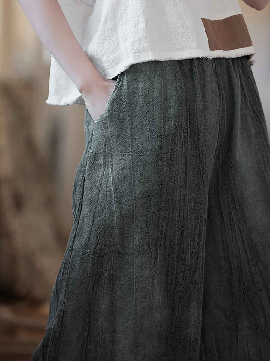 Women Vintage Summer Tie-dye Ramie Wide-leg Pants