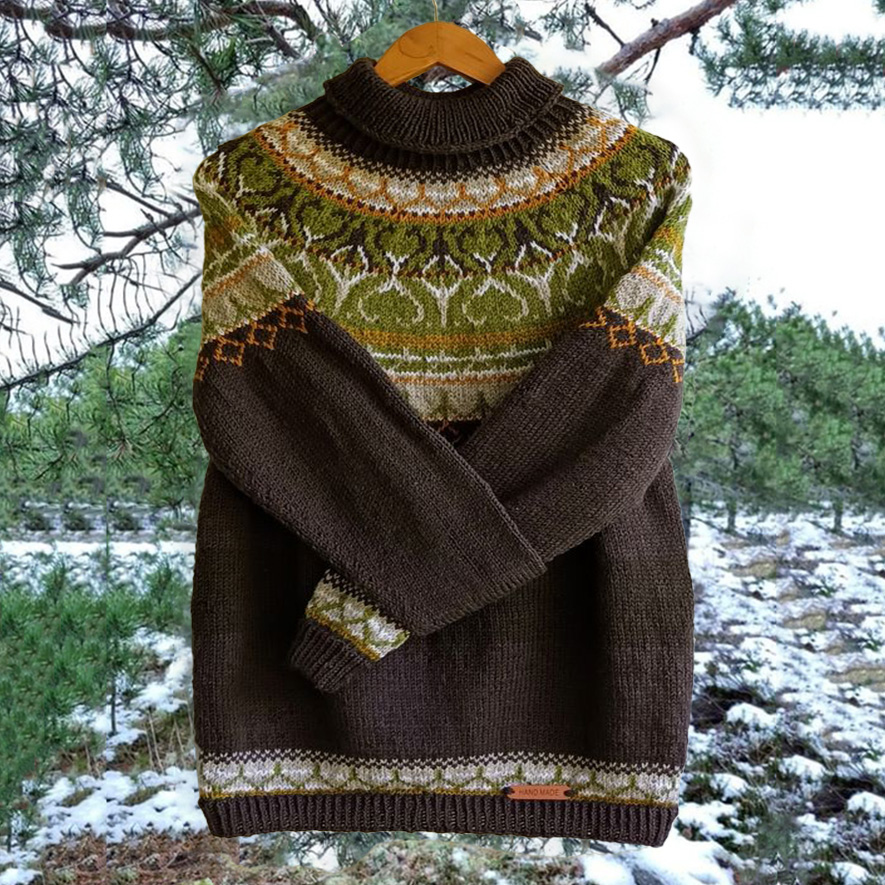 Unisex Vintage Green Icelandic Knit Jacquard Warmth High Neck Sweater