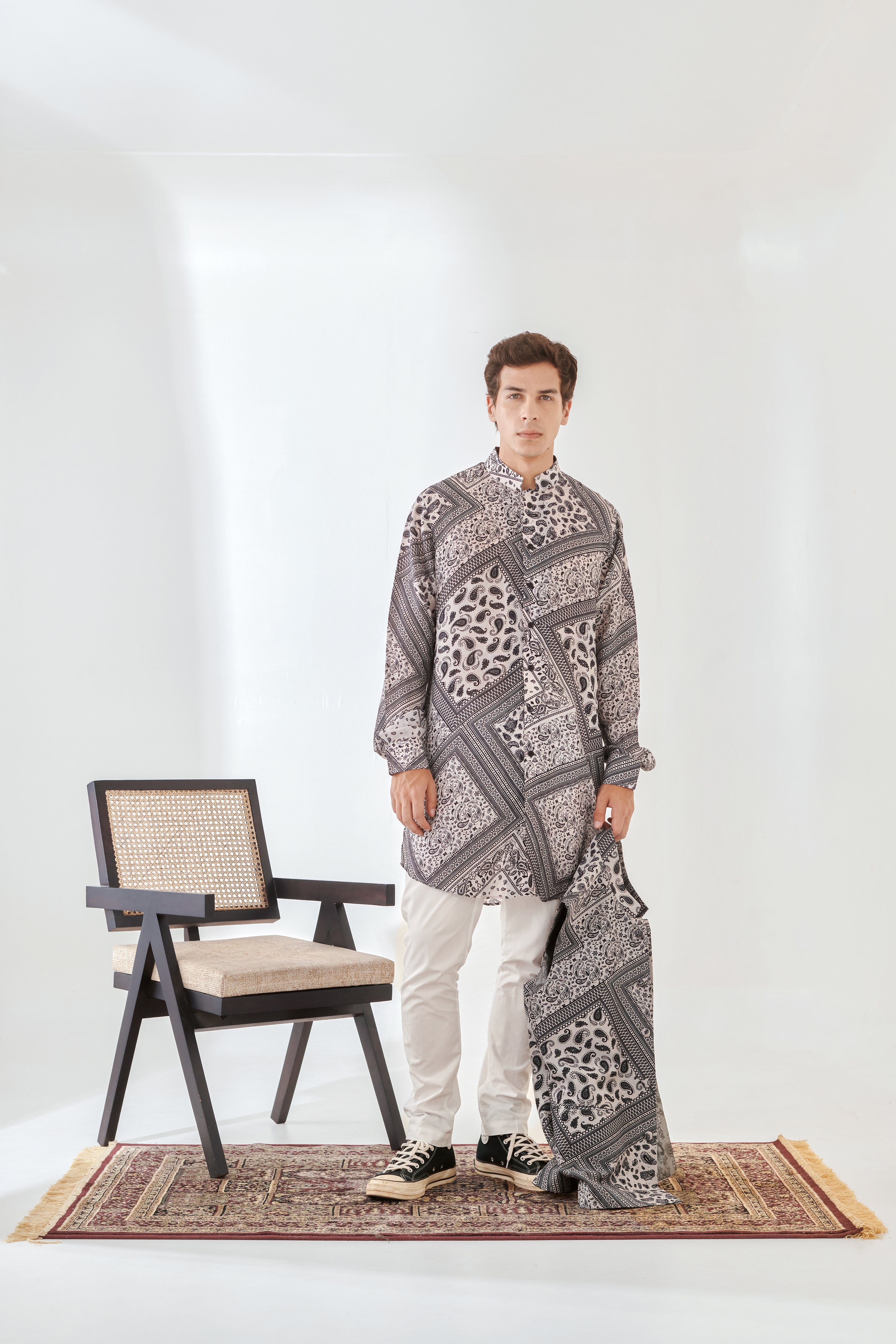 Rustic Boho White Bandana Kurta Jacket Set