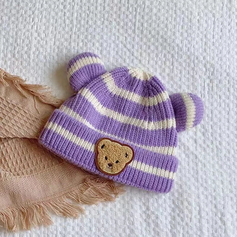 Baby Hat Autumn And Winter Korean Style Baby Hat Striped Cute Bear Hat Wool Hat Boys And Girls Hat