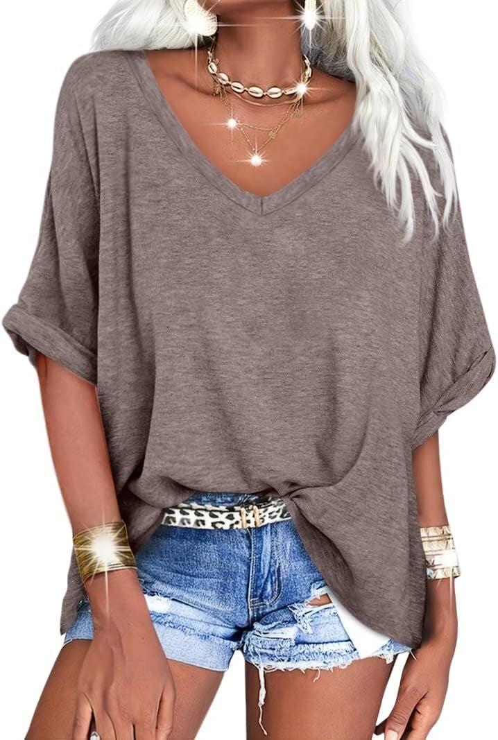 🔥PROMOTION LAST DAY🔥Women's Summer Tops Oversized Tshirts Half Sleeve Loose Fit V Neck Casual Blouse Tee