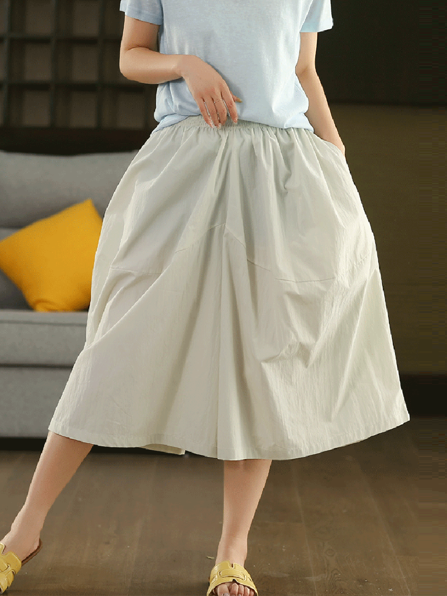 Women Summer Pure Color Cotton Wide-leg Cropped Pants