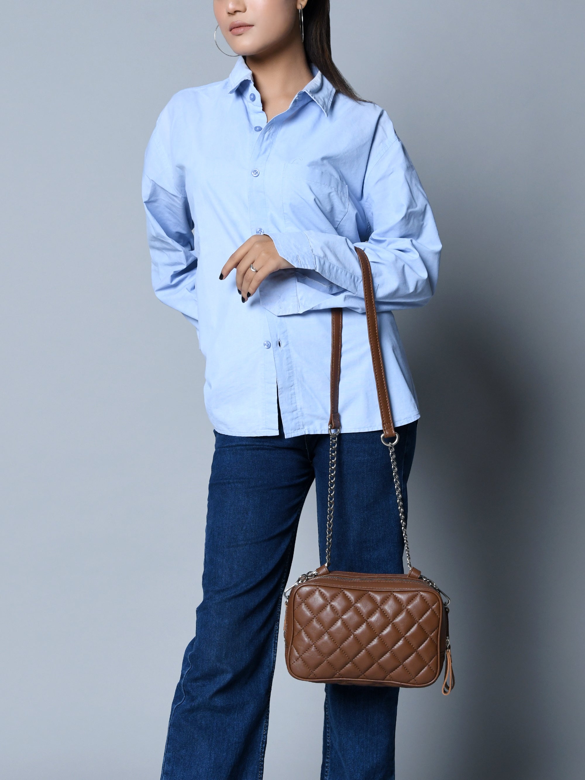 Stylish Mini Quilted Crossbody Bag. Rich Brown