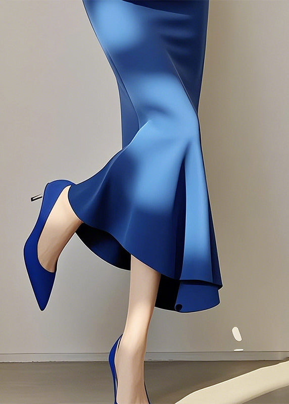 New Blue Solid High Waist Cotton Fishtail Skirt Spring