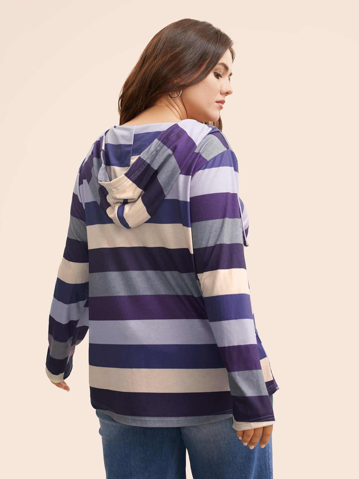 Contrast Striped Hooded Drawstring T-shirt