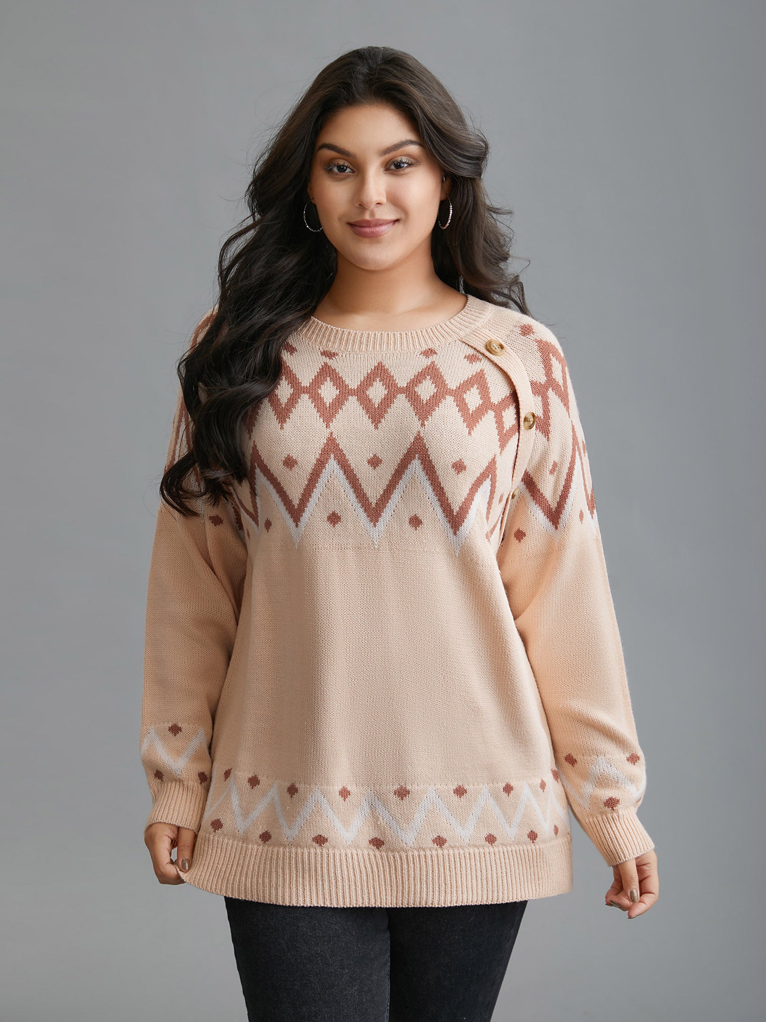 Jacquard Print Button Round Neck Pullover