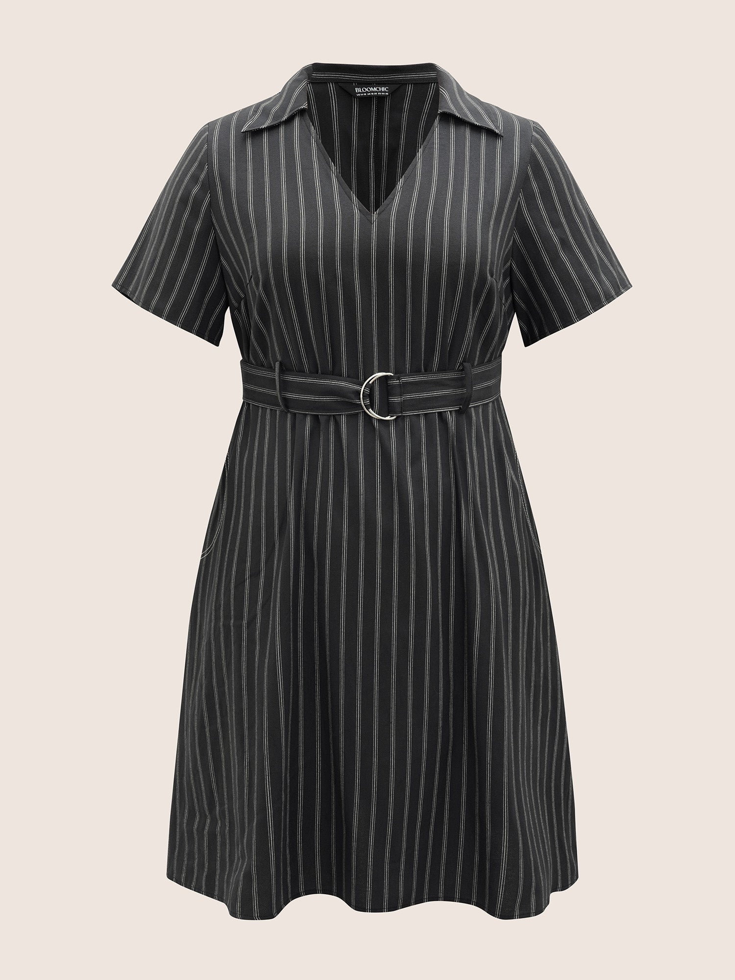 Striped Shirt Collar Buckle Detail Belted Dress