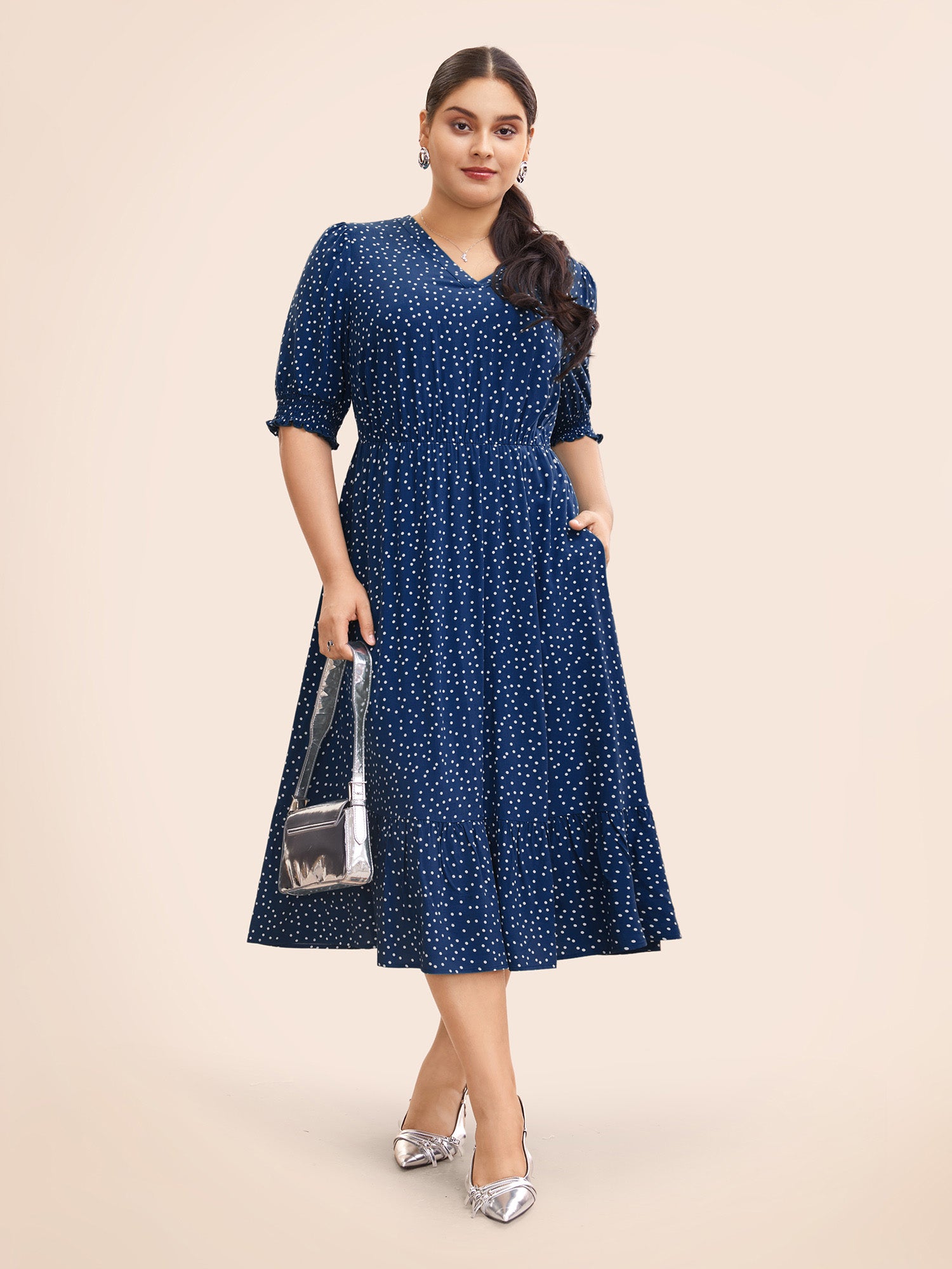 Polka Dot Shirred Pocket Flutter Hem Dress