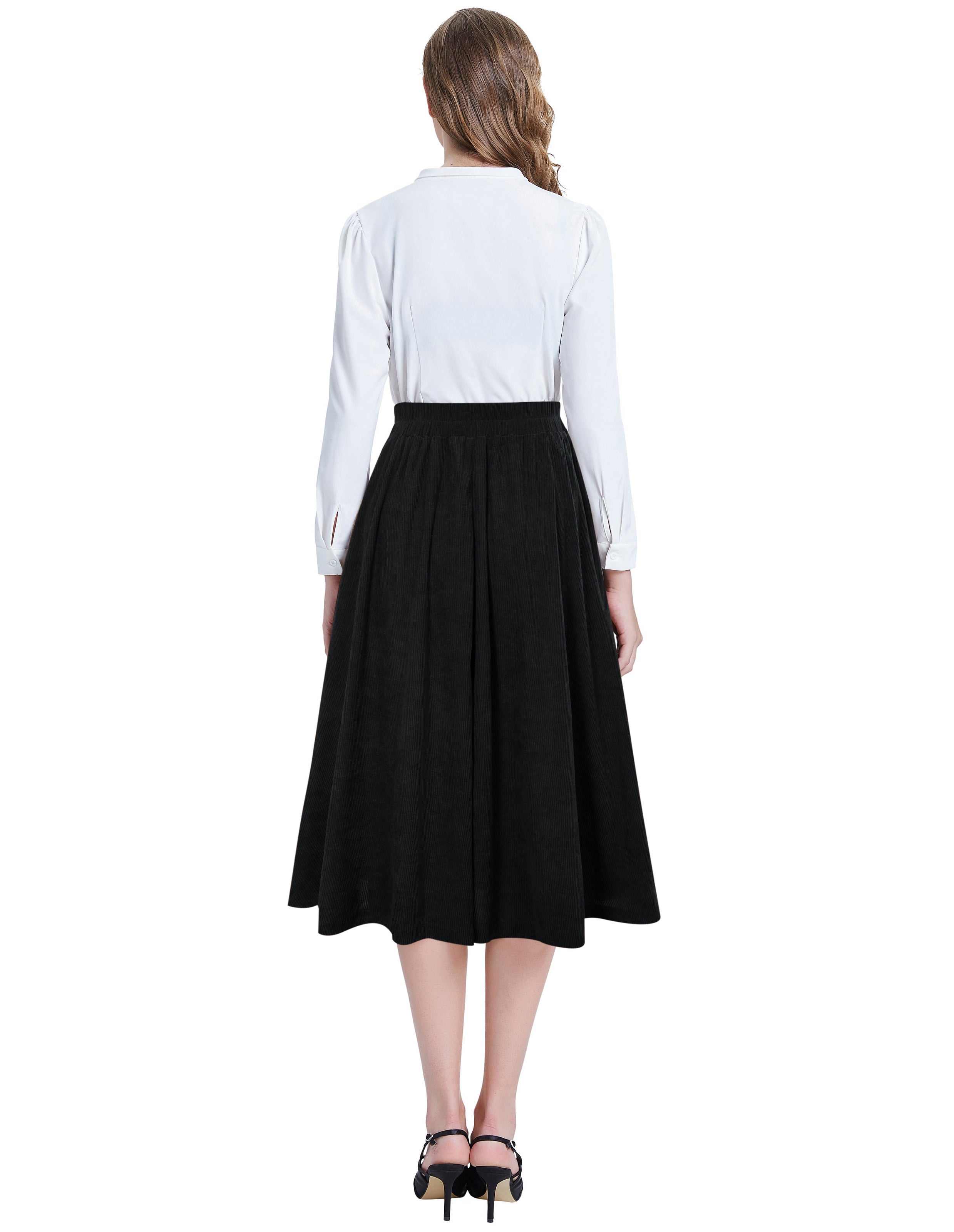 Vintage Corduroy Skirt Elastic High Waist Buttons Decorated Swing Skirt with Pockets