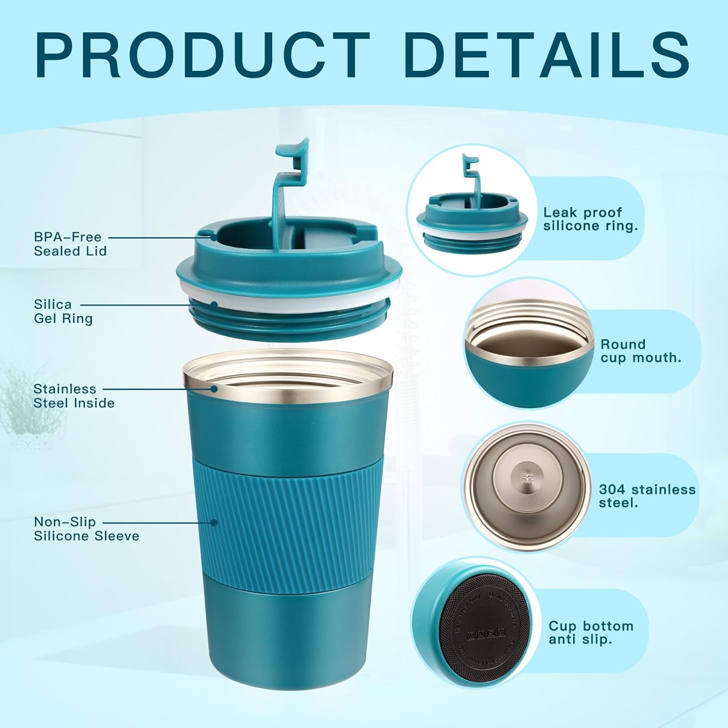 Senshuomy Travel Mug, Insulated Coffee Cup with Leakproof Lid, Reusable Coffee Cups Travel Cup, Stainless Steel thermaol Mug for Hot Cold Drinks (Green 380ml)
