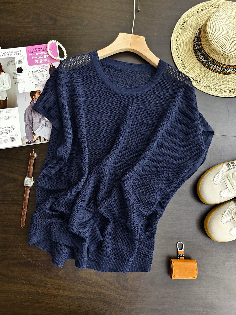 Women Summer Casual Pure Color Knitted O-Neck Shirt