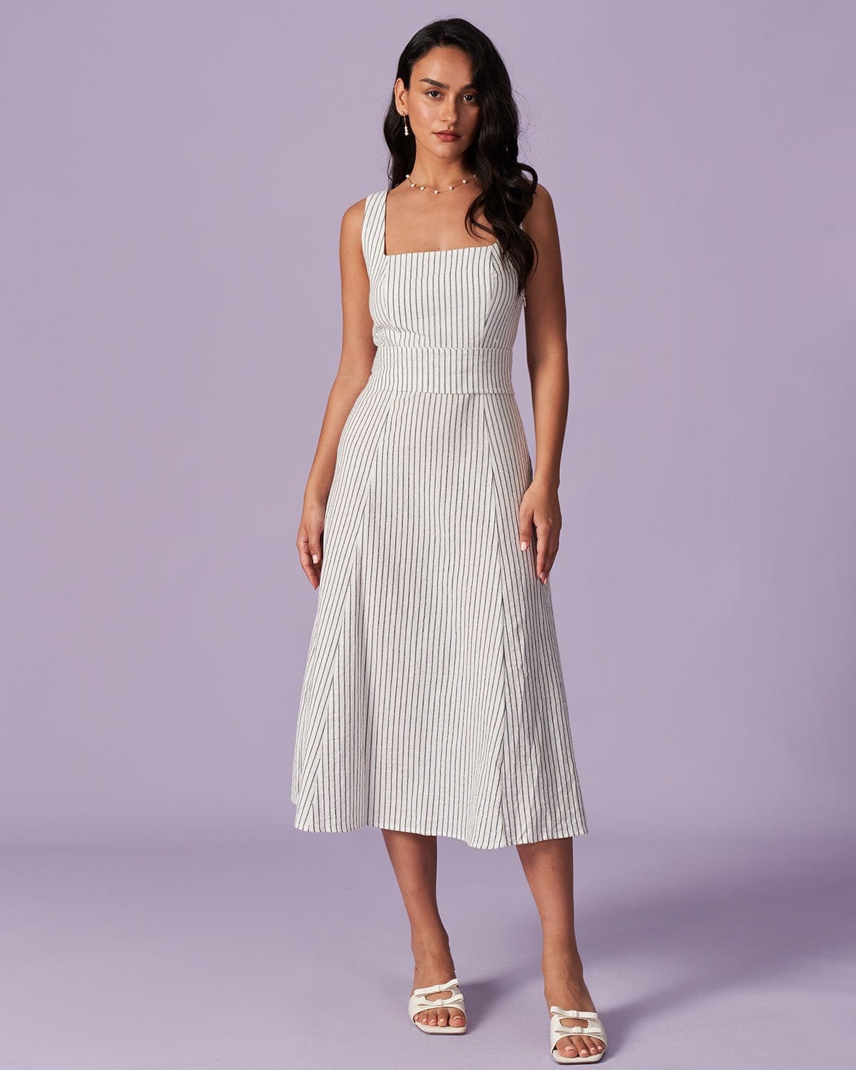 The White Square Neck Striped Midi Dress