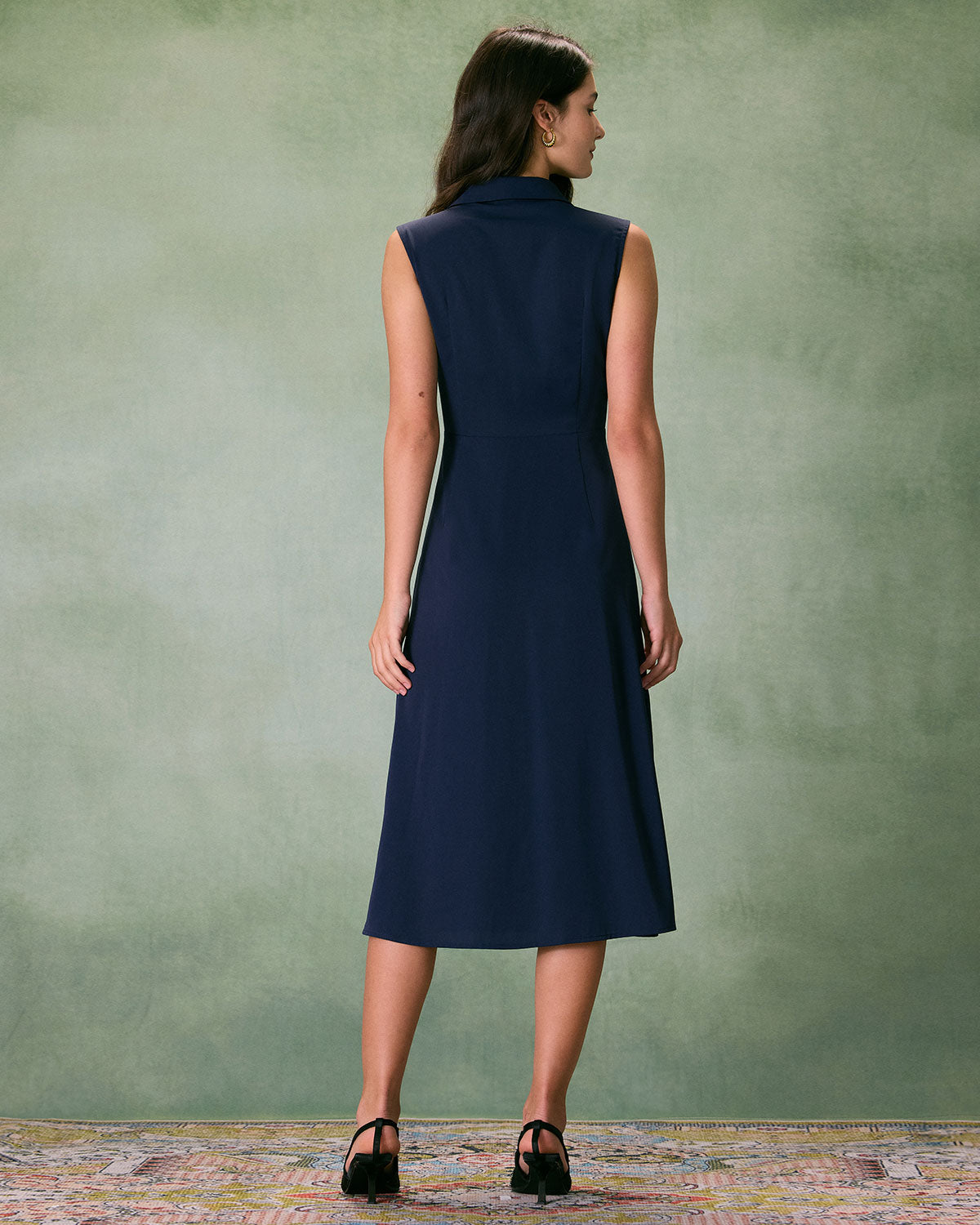 The Navy Collared Ruched Sleeveless Midi Dress