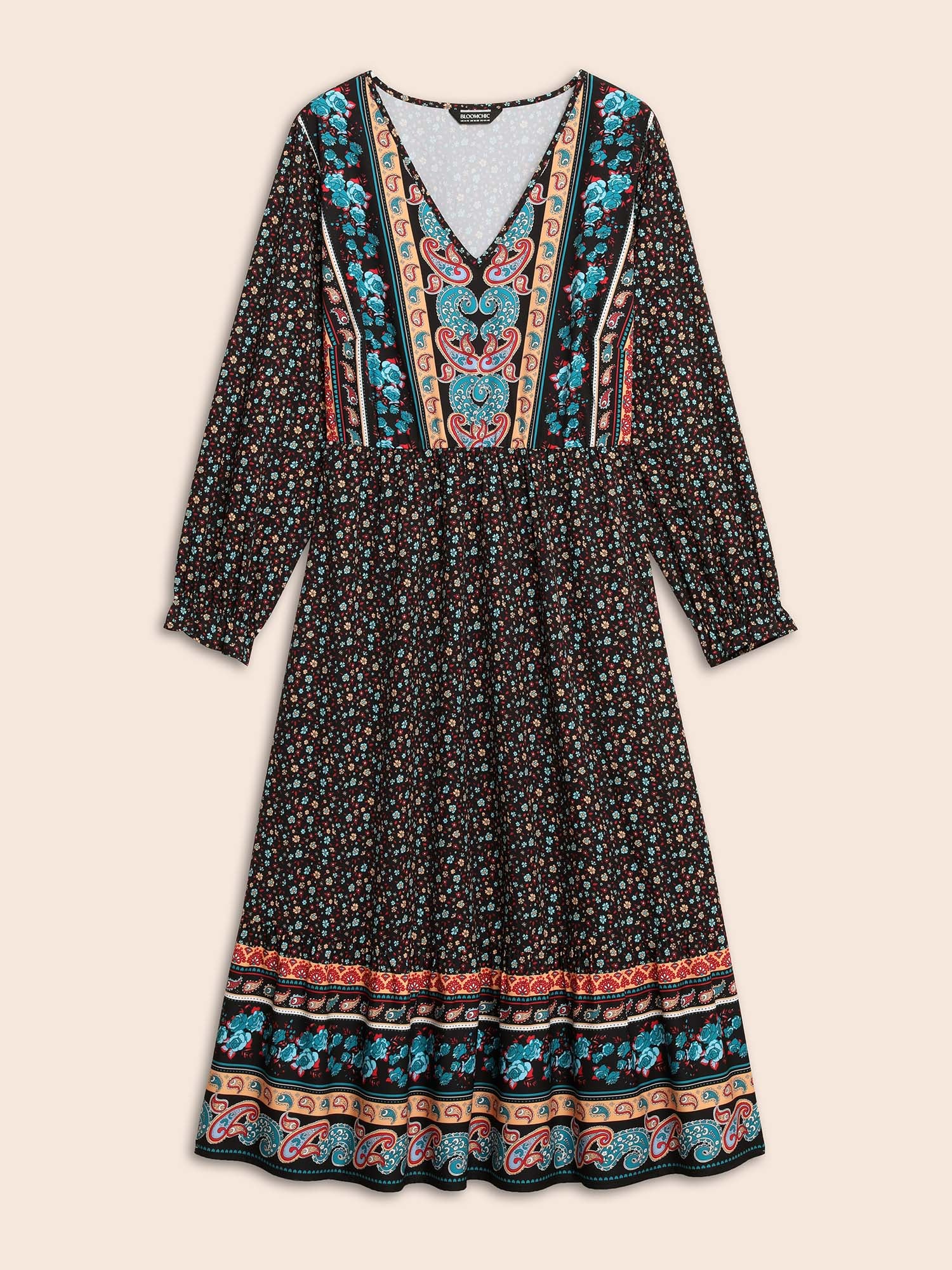 Boho Print V Neck Elastic Waist Dress
